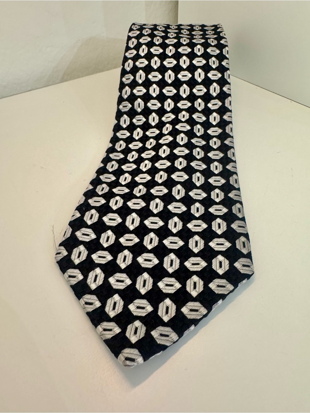 Faconnable Silk Tie Black White Geometric Made France